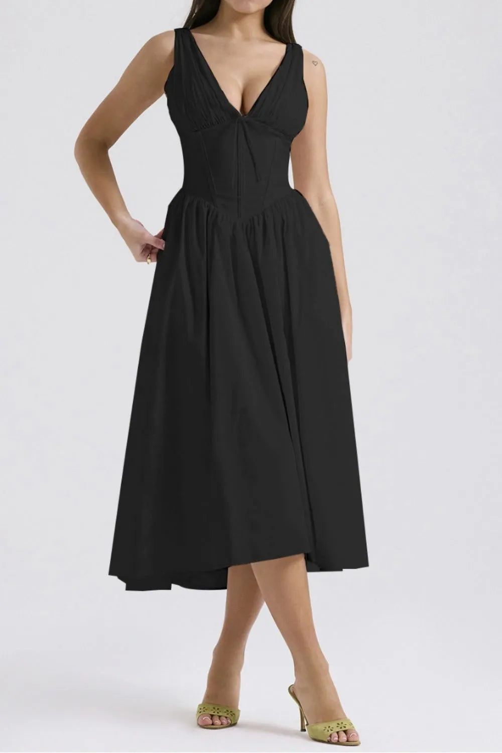 Ruched V-Neck Sleeveless Dress with Pockets - Blushé Belle