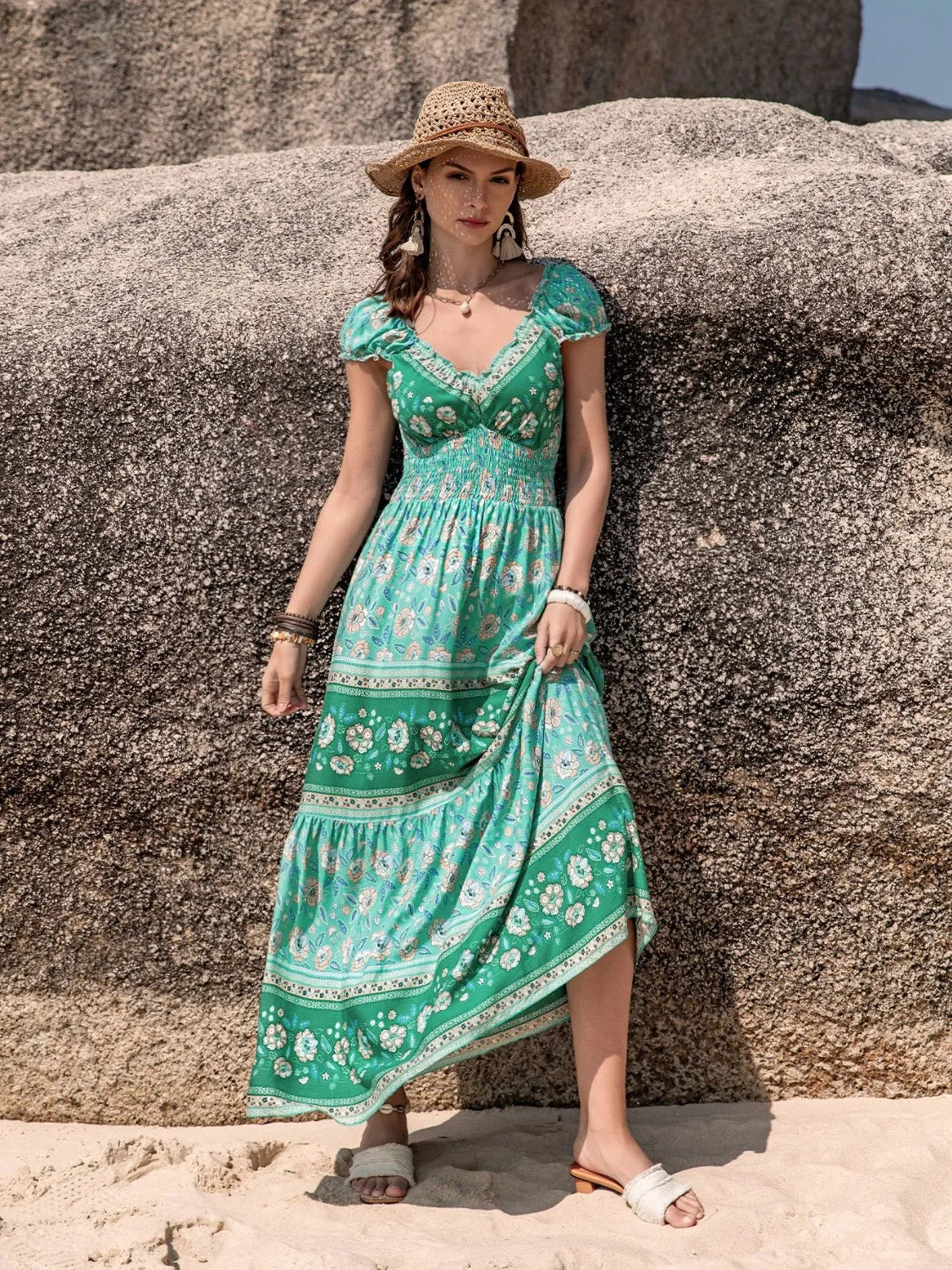 Smocked Printed V-Neck Dress - Blushé Belle