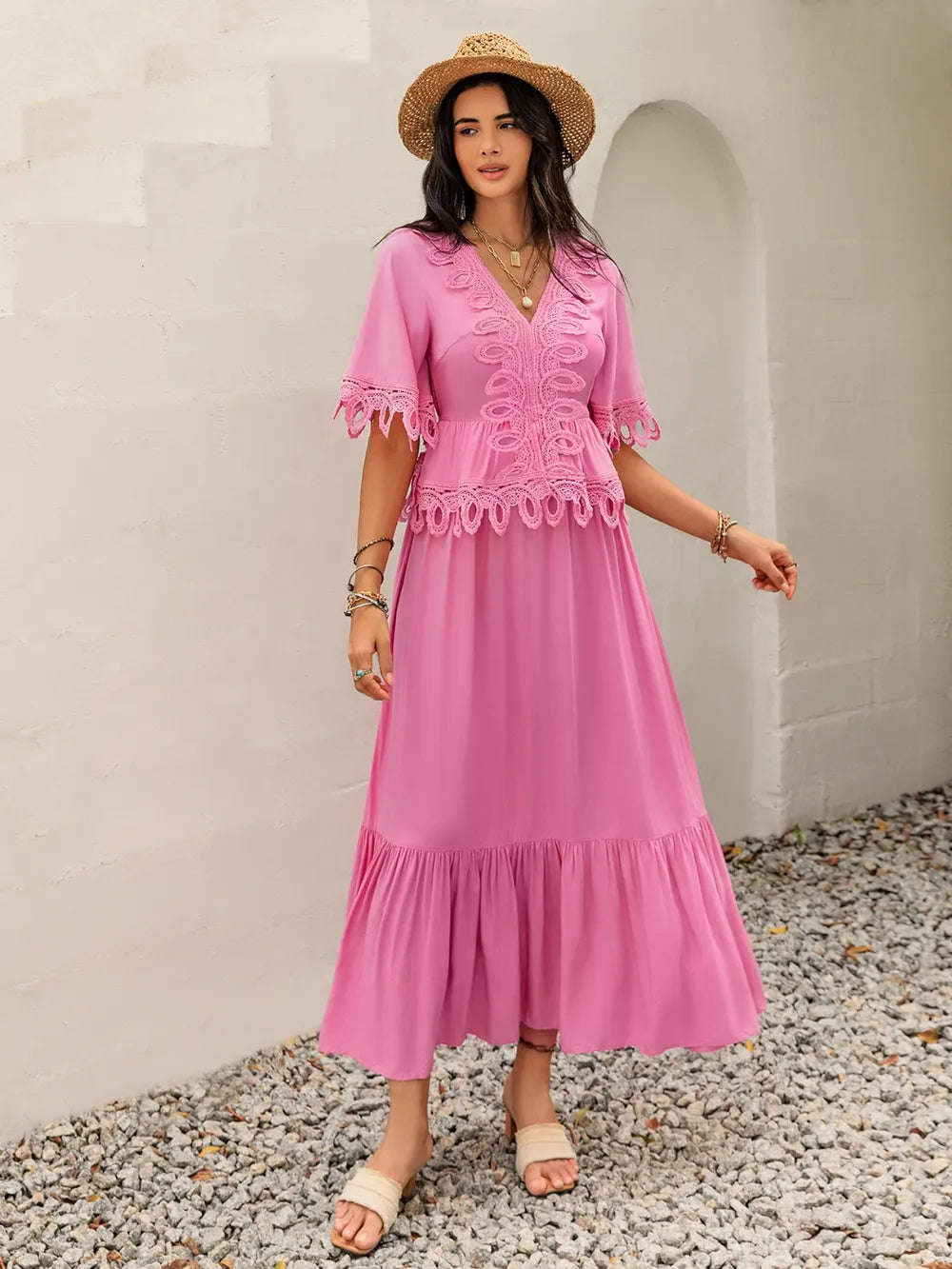 Lace Detail V-Neck Half Sleeve Midi Dress - Blushé Belle