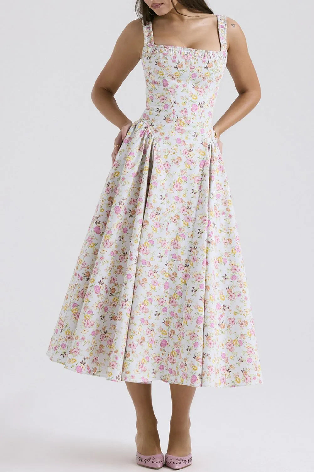 Floral Square Neck Wide Strap Midi Dress - Blushé Belle