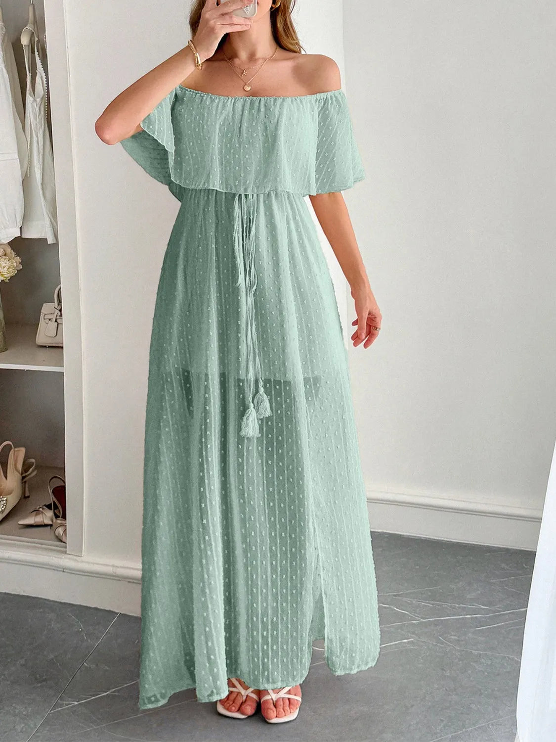 Swiss Dot Off Shoulder Maxi Dress - Blushé Belle