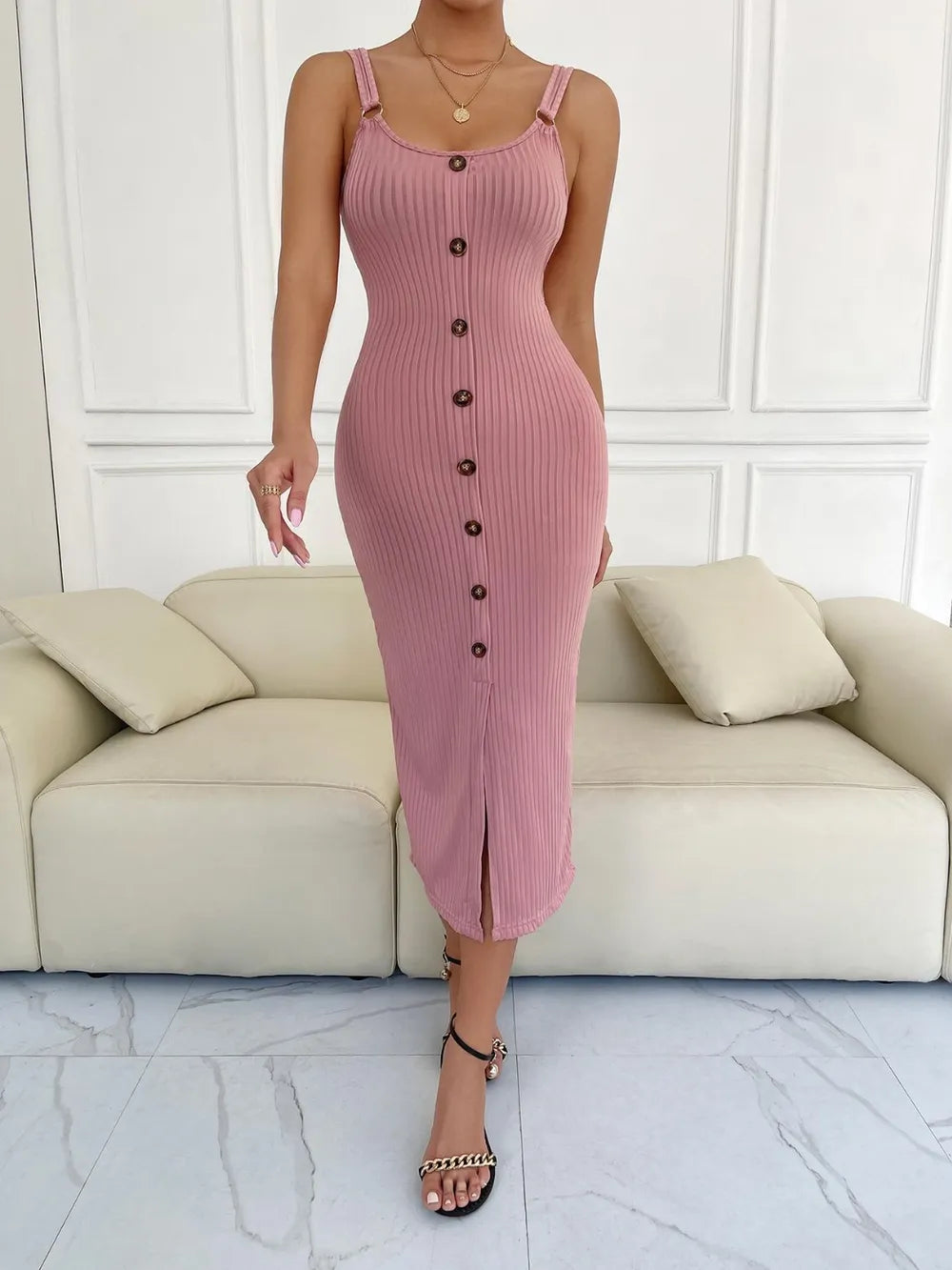 Ribbed Slit Decorative Button Cami Dress - Blushé Belle