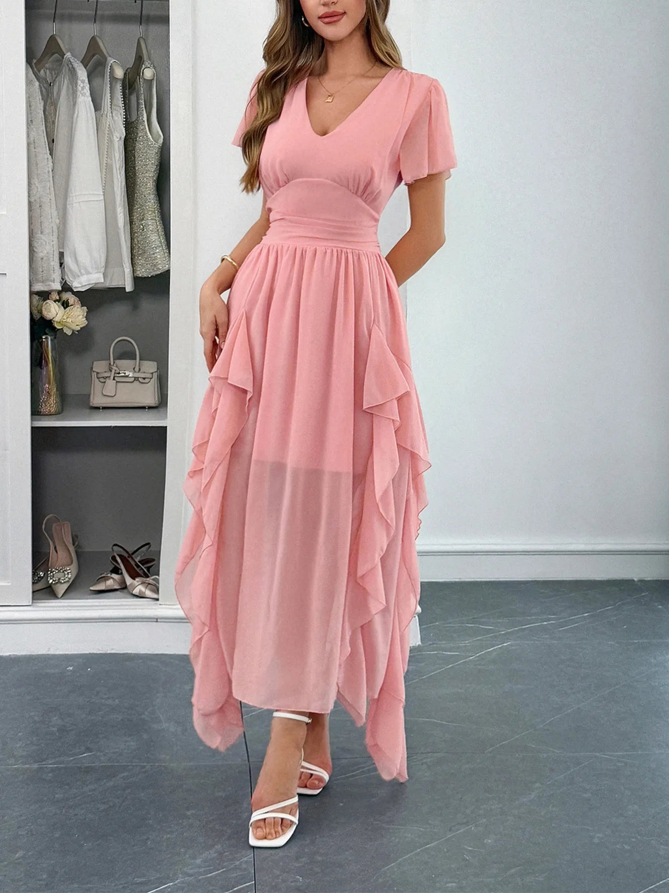 V-Neck Flutter Sleeve Dress - Blushé Belle