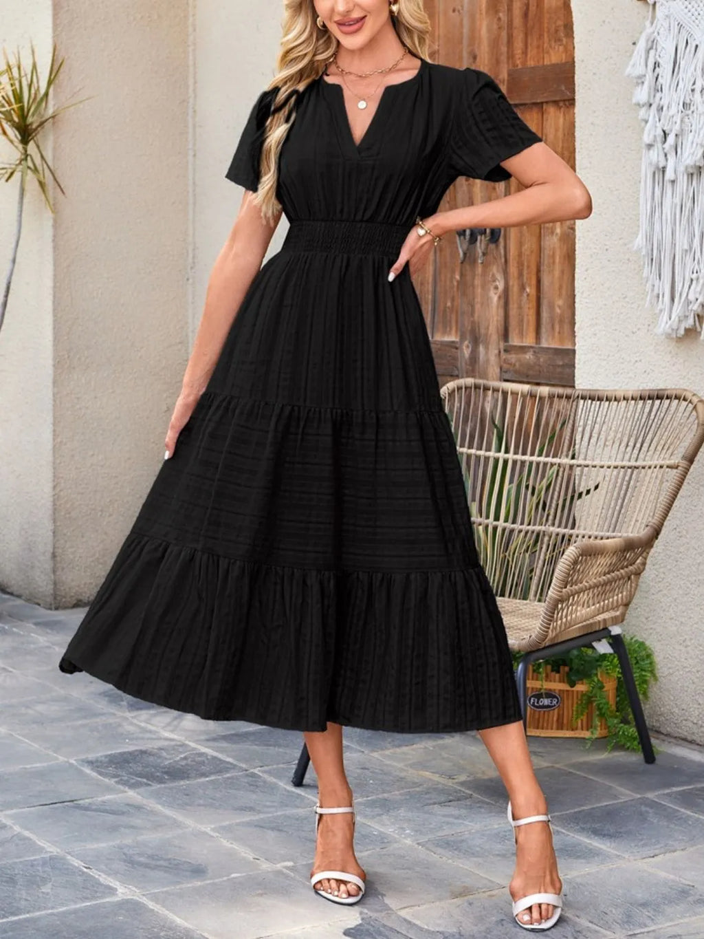 Tiered Notched Short Sleeve Dress - Blushé Belle