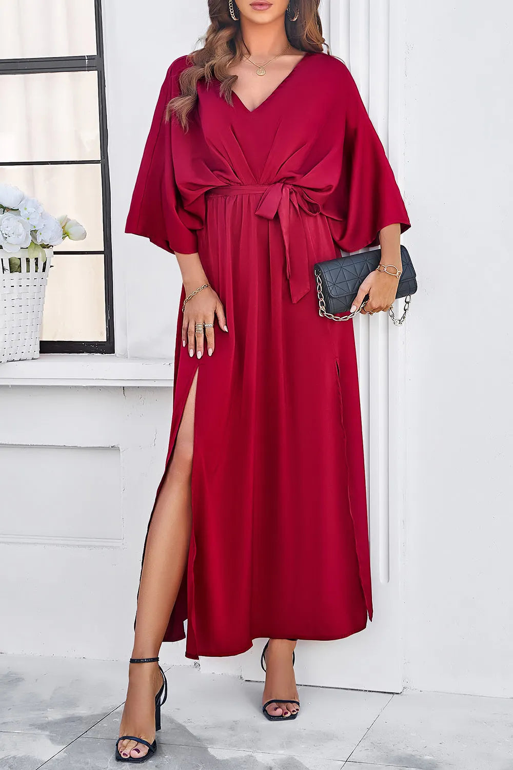 Devine Slit Tied V-Neck Three-Quarter Sleeve Dress - Blushé Belle